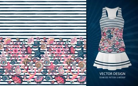 Vector seamless pattern of seashells and marine items on striped background Stock Illustration