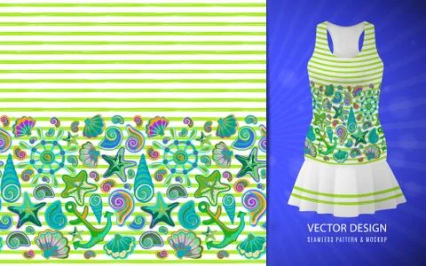 Vector seamless pattern of seashells and marine items on striped background Stock Illustration