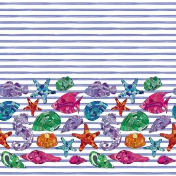 Vector seamless pattern of seashells and marine items on striped background イラスト素材