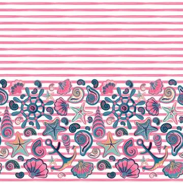 Vector seamless pattern of seashells and marine items on striped background Illustrazione stock