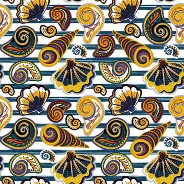 Vector seamless pattern of seashells on striped background. Hand drawn vintage Illustrazione stock
