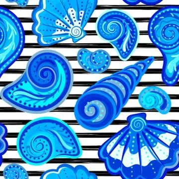 Vector seamless pattern of seashells on striped background. Hand drawn vintage Stock Illustration