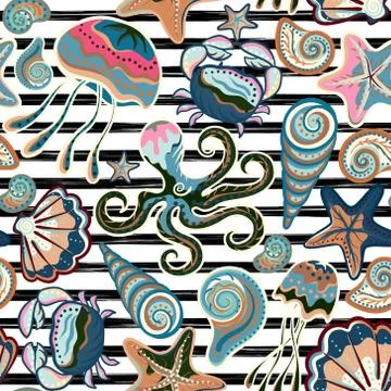 Vector seamless pattern of seashells on striped background. Hand drawn vintage Stock Illustration