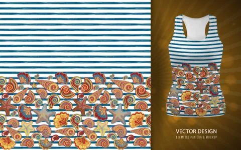 Vector seamless pattern of seashells on striped background. Hand drawn vintage Illustrazione stock