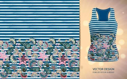 Vector seamless pattern of seashells on striped background. Hand drawn vintage Illustrazione stock
