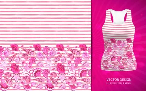 Vector seamless pattern of seashells on striped background. Hand drawn vintage Illustrazione stock