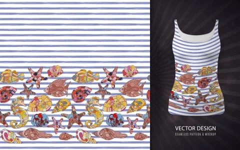 Vector seamless pattern of seashells on striped background. Hand drawn vintage 스톡 일러스트