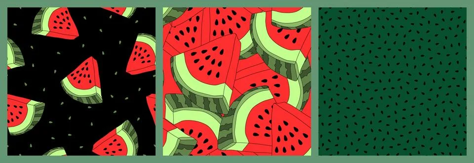 Vector seamless pattern set. Backgrounds with watermelon slices and seeds. Co Stock Illustration