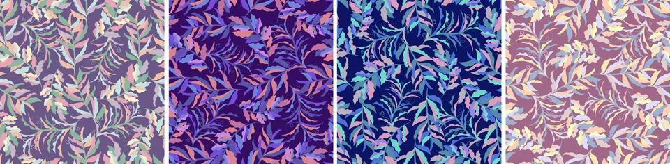 Vector seamless pattern set with branches and leaves. Stock Illustration