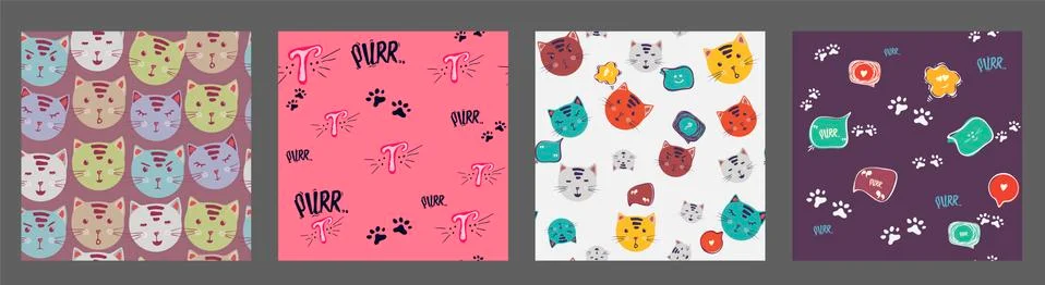 Vector seamless pattern set, collection with cute hand drawing cartoon cats.  Stock Illustration