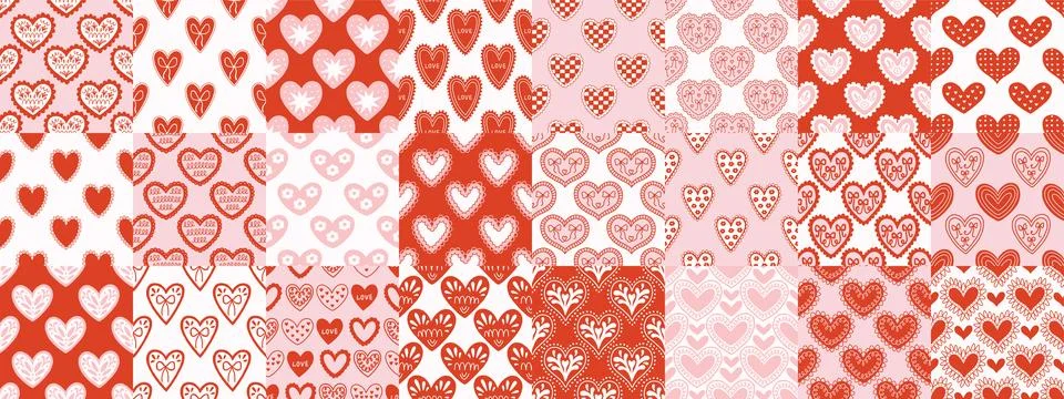 Vector seamless pattern set with decorative hearts in a whimsical doodle style Stockillustratie