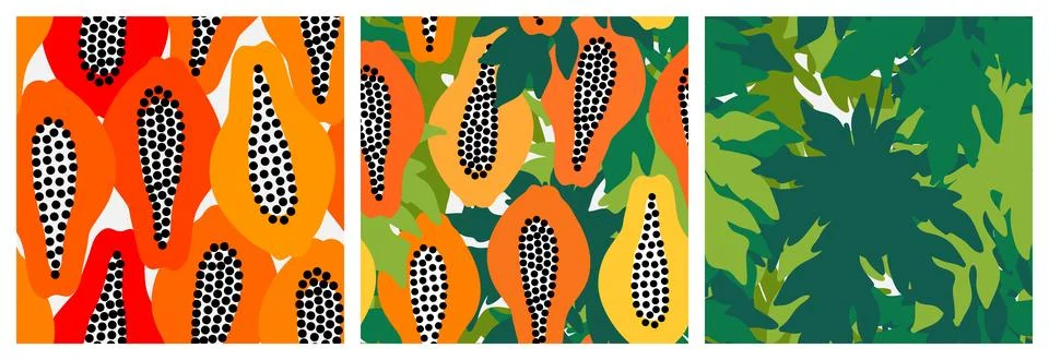 Vector seamless pattern set with hand drawn papaya fruits and leaves. Styli.. Stock Illustration