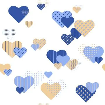 Vector seamless pattern set of hearts in yellow-blue tones. Chaotic arrange.. Illustrazione stock