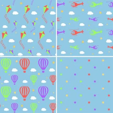 Vector seamless pattern set with helicopters, hot air balloons, kites and sta Stock Illustration