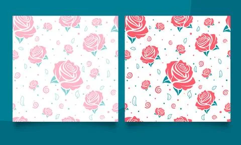 Vector seamless pattern set with pink rose flowers on the white background. Stock Illustration