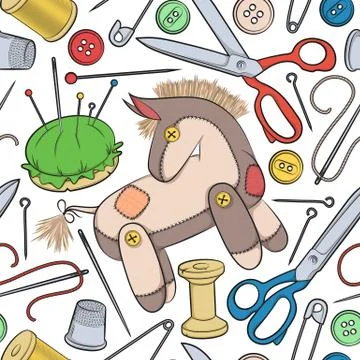 Vector seamless pattern with sewing accessories and toy donkey. Stock Illustration