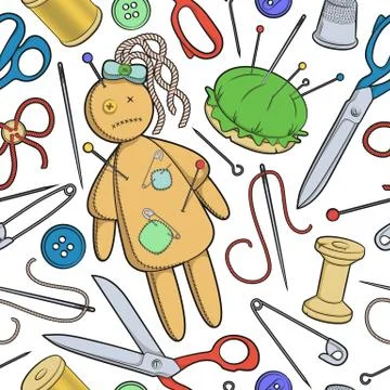 Vector seamless pattern with sewing utensils and a rag doll. Stock Illustration
