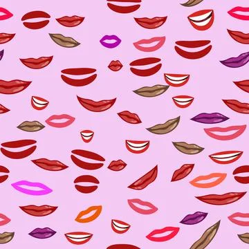 Vector seamless pattern of sexy woman lips, smiling and kissing. Stock Illustration