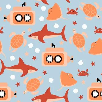 Vector seamless pattern with shark, submarine, turtle, crab, devil fish Illustrazione stock