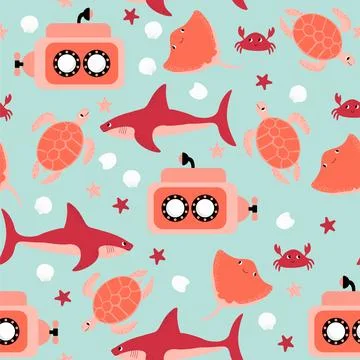 Vector seamless pattern with shark, submarine, turtle, crab, devil fish Stock Illustration