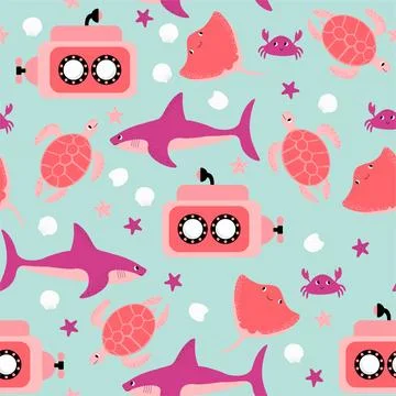 Vector seamless pattern with shark, submarine, turtle, crab, devil fish Stock Illustration