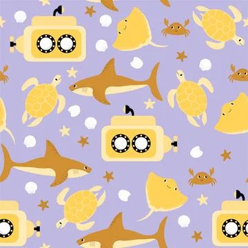 Vector seamless pattern with shark, submarine, turtle, crab, devil fish Illustrazione stock