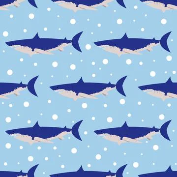 Vector seamless pattern with sharks and bubbles. Background on the marine theme. 스톡 일러스트