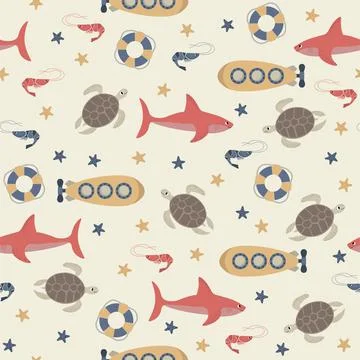 Vector seamless pattern with shark,submarine,turtle,shrimp,starfish,lifebuoy Stock Illustration