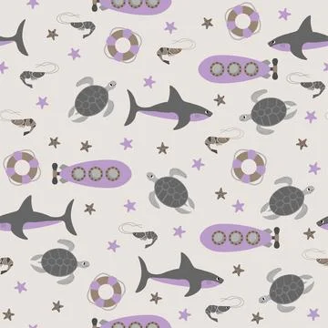 Vector seamless pattern with shark,submarine,turtle,shrimp,starfish,lifebuoy Stock Illustration