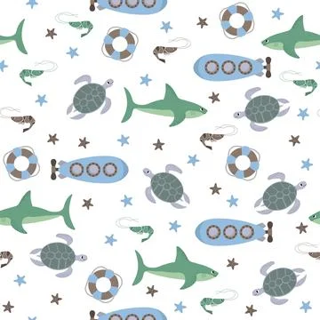 Vector seamless pattern with shark,submarine,turtle,shrimp,starfish,lifebuoy Stock Illustration