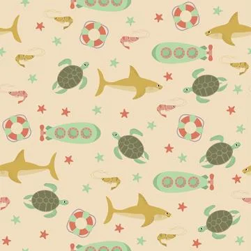 Vector seamless pattern with shark,submarine,turtle,shrimp,starfish,lifebuoy イラスト素材