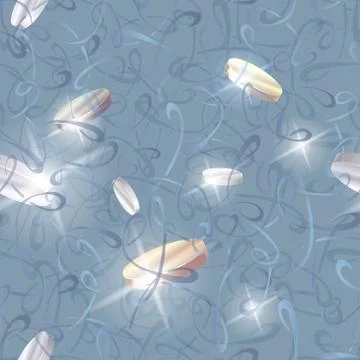 Vector seamless pattern with shiny coins and beautifully curved lines on a blue Stock Illustration