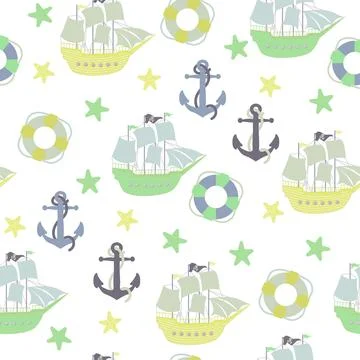 Vector seamless pattern with ship, anchor, lifebuoy.Underwater cartoon creatures Illustrazione stock