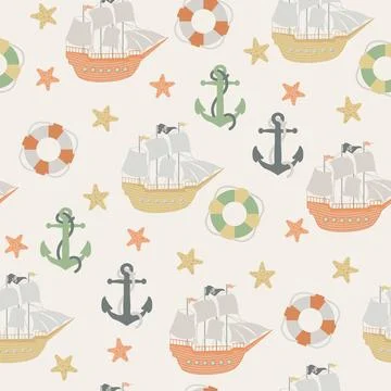Vector seamless pattern with ship, anchor, lifebuoy.Underwater cartoon creatures Stock Illustration