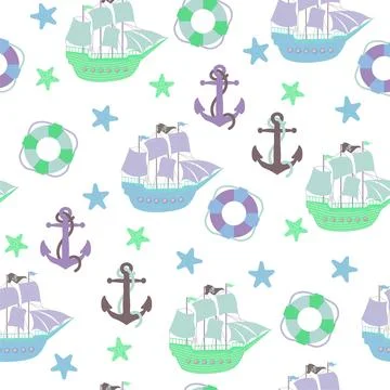 Vector seamless pattern with ship, anchor, lifebuoy.Underwater cartoon creatures Stock Illustration