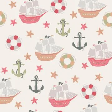 Vector seamless pattern with ship, anchor, lifebuoy.Underwater cartoon creatures Stock Illustration