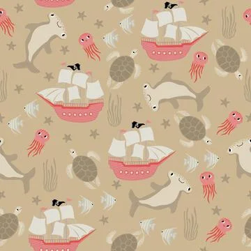 Vector seamless pattern with ship hammerhead fish,turtle,starfish, jellyfish 스톡 일러스트