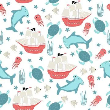 Vector seamless pattern with ship hammerhead fish,turtle,starfish, jellyfish Stock Illustration