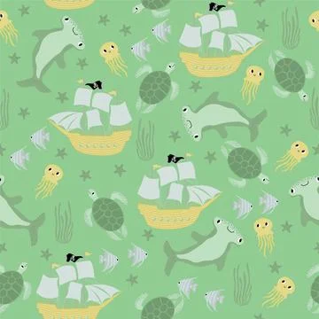 Vector seamless pattern with ship hammerhead fish,turtle,starfish, jellyfish Illustrazione stock