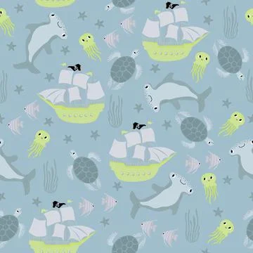 Vector seamless pattern with ship hammerhead fish,turtle,starfish, jellyfish Stock Illustration