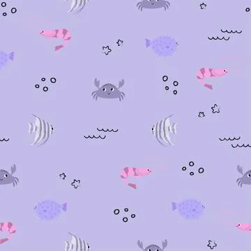 Vector seamless pattern with shrimp, crab, fugu fish, scalaria fish.Underwater Stock Illustration