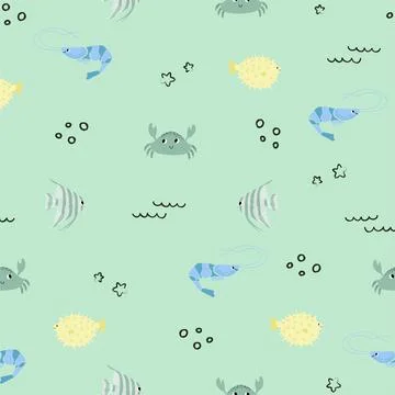 Vector seamless pattern with shrimp, crab, fugu fish, scalaria fish.Underwater Illustrazione stock