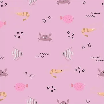 Vector seamless pattern with shrimp, crab, fugu fish, scalaria fish.Underwater Stock Illustration