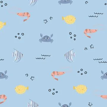 Vector seamless pattern with shrimp, crab, fugu fish, scalaria fish.Underwater Stock Illustration