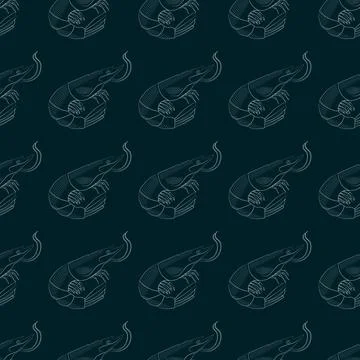 Vector seamless pattern Shrimp sea animal engraving Stock Illustration