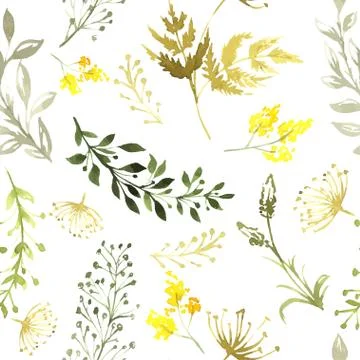 Vector seamless pattern with silhouettes of flowers and grass, drawing by Stock Illustration