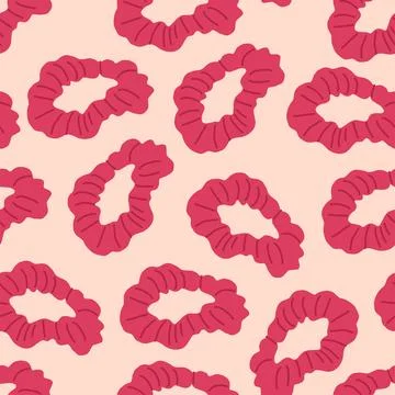 Vector seamless pattern with silk red scrunchy on pink beige background. Illustrazione stock