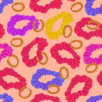 Vector seamless pattern with silk scrunchy and golden earrings on pink beige Stock Illustration