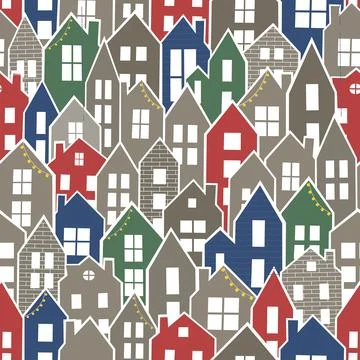 Vector seamless pattern with simple bright houses Silhouette, winter Christmas Stock Illustration