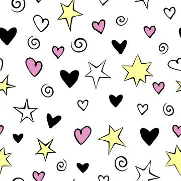 Vector seamless pattern of simple bright elements - stars hearts spirals heli Stock Illustration